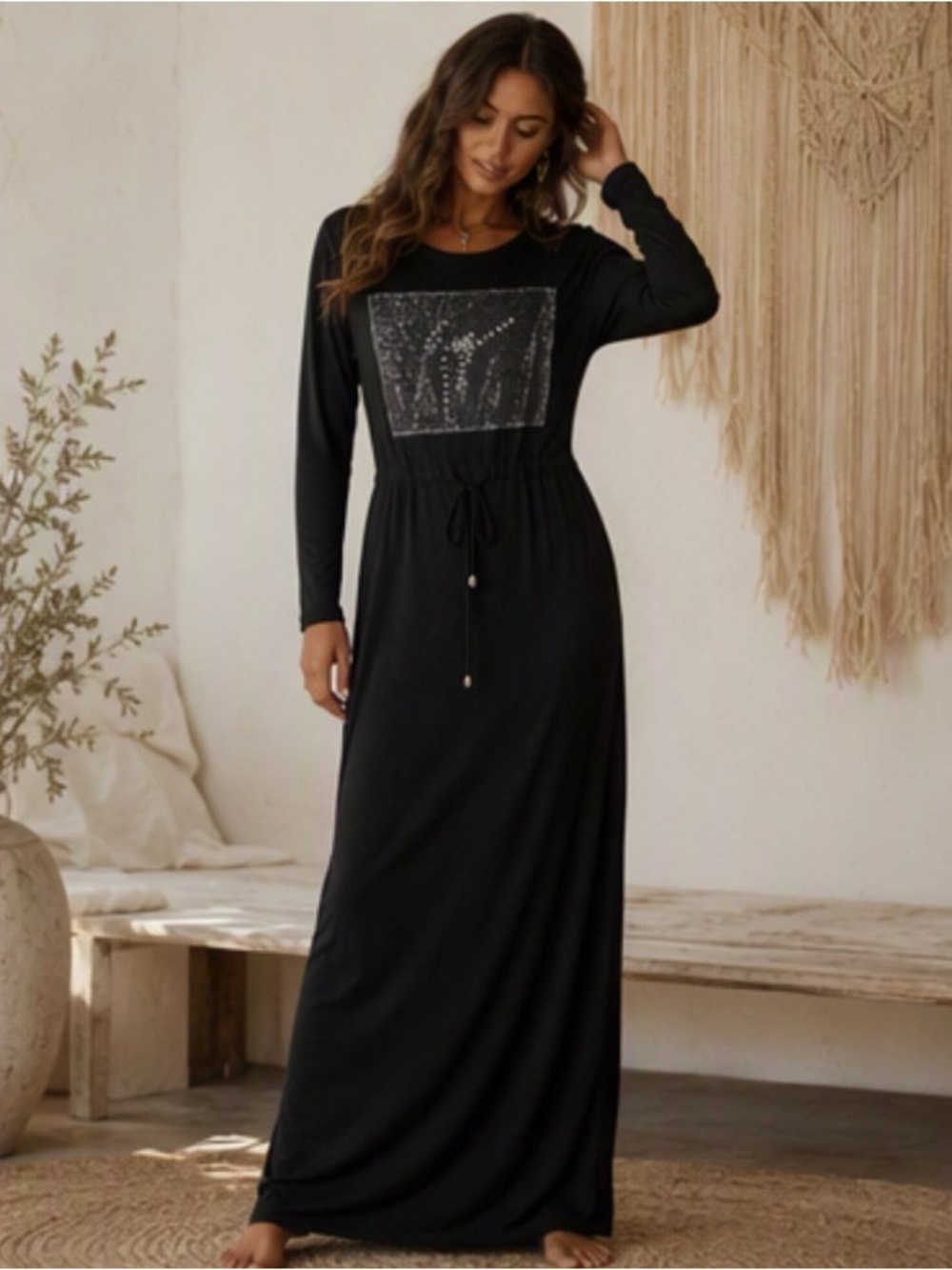 🌹 Harvest 🌹 Long Black Soft Knit Sequin Pearl Drawstring Waist Dress